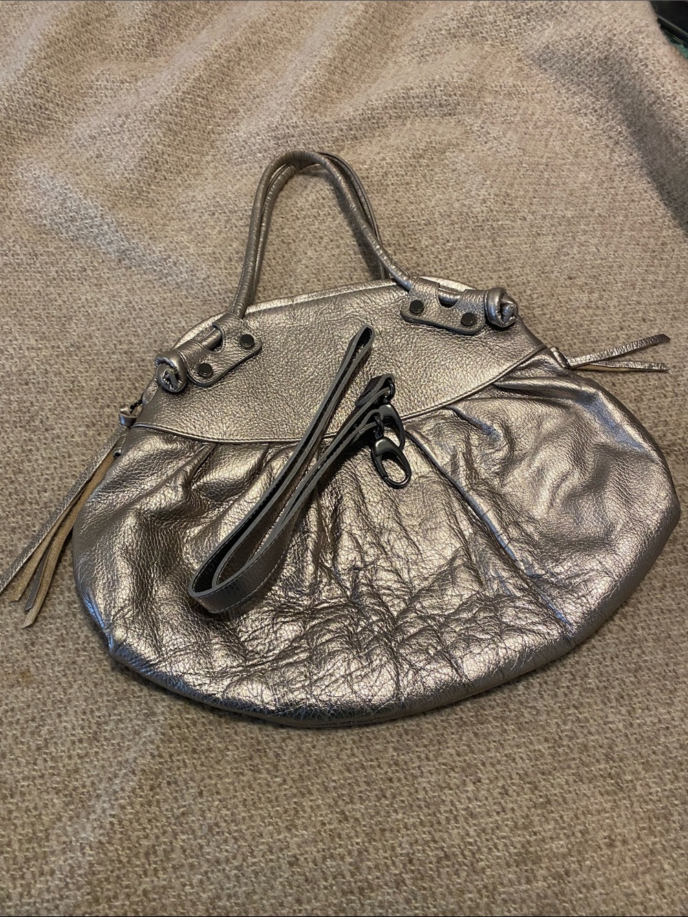 Elegant Gunmetal Gray Handbag w/ cross body strap.